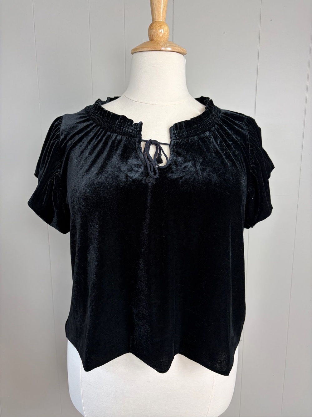 Free People Black Velvet Puff Sleeve Top XL Romantic Goth Boho